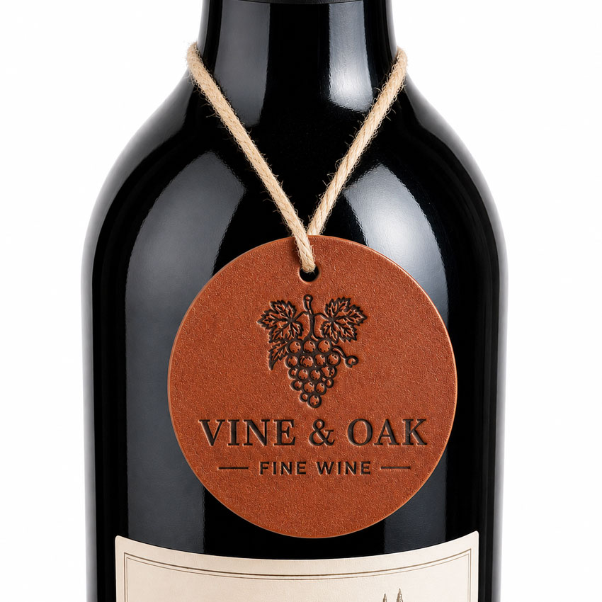 Round Leather Wine Bottle Tag with Debossed Logo Round leather wine bottle neck tag featuring a custom debossed logo