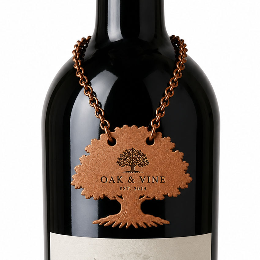 Tree-Shaped Custom Leather Bottle Tag Custom tree-shaped PU leather bottle tag with engraved logo