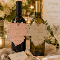 Personalized leather wine bottle tags used for wedding and event favors