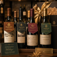 Wine bottle display featuring custom leather tags for retail and promotional packaging