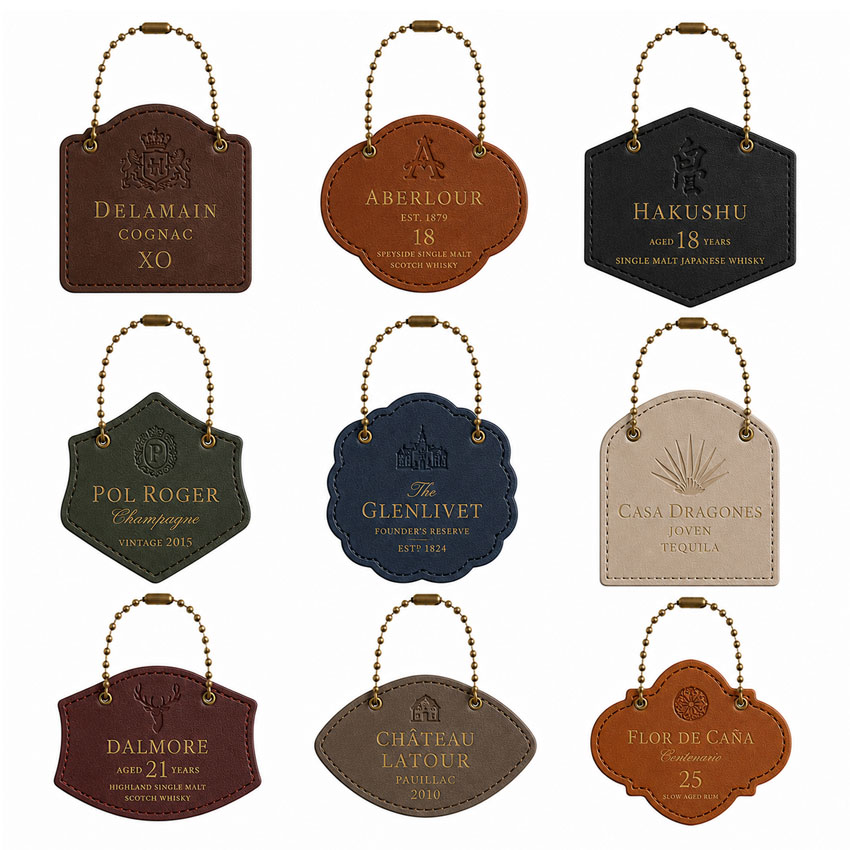 Custom Shape Leather Wine Bottle Tags Collection Multiple custom-shaped leather wine bottle tags in various colors and logo styles