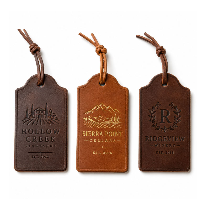 Custom Leather Wine Bottle Tags with Debossed and Foil Logos Assorted custom leather wine bottle tags with debossed and foil stamped logo designs