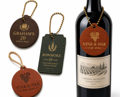 Multiple custom leather wine bottle tags displayed alongside a wine bottle