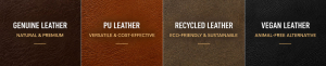 Genuine leather, PU leather, recycled leather, and vegan leather material options