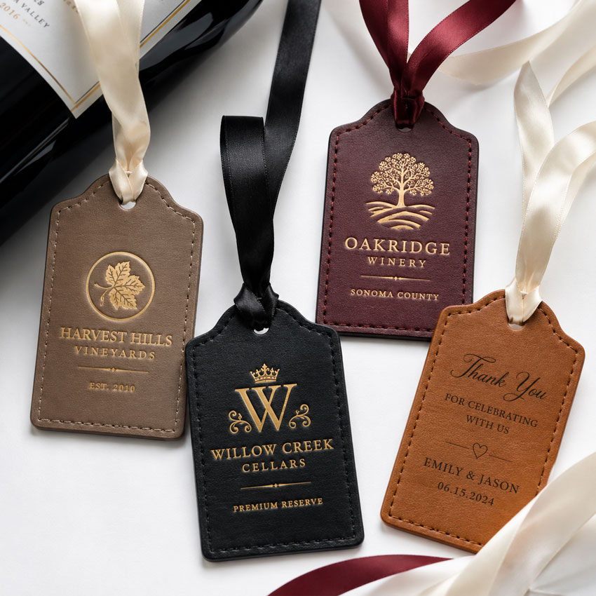 Custom Leather Gift Tags with Satin Ribbon Personalized leather gift tags with foil stamped logos and satin ribbon attachments