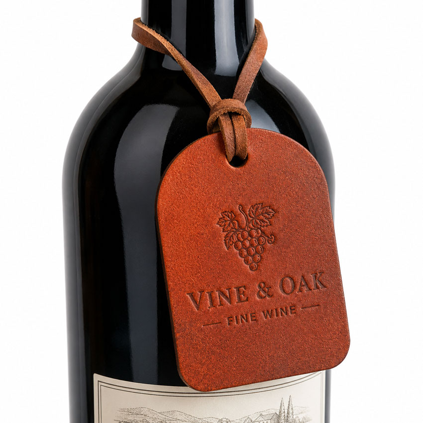 Debossed Leather Wine Bottle Tag Sample Custom debossed leather wine bottle tag attached with leather cord