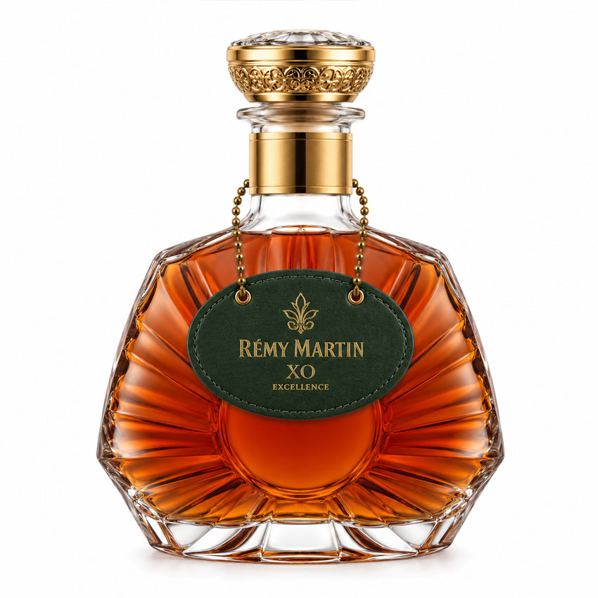 Leather Bottle Tag for Premium Spirits Branding Luxury leather bottle tag attached to a decorative spirits bottle