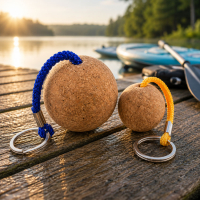 Cork ball floating keychains displayed on a lakeside dock