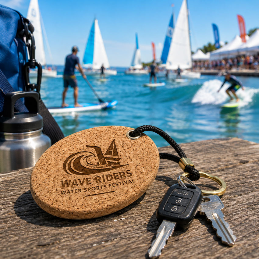 Custom cork floating keychain used at sailing and water sports events
