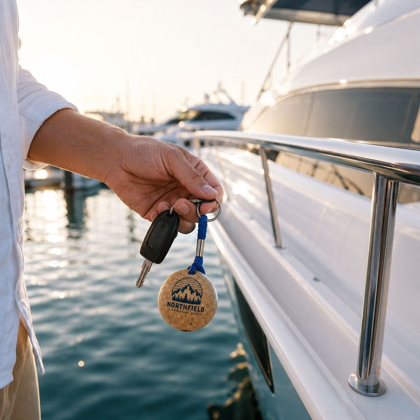 & Boat Clubs Custom cork floating keychain used for yacht and boat club promotions