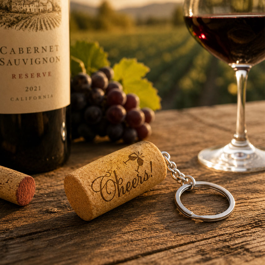 Custom wine cork keychain displayed with wine bottle and glass