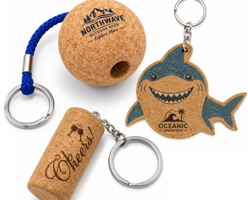 Cork ball floating keychains in different sizes and custom designs