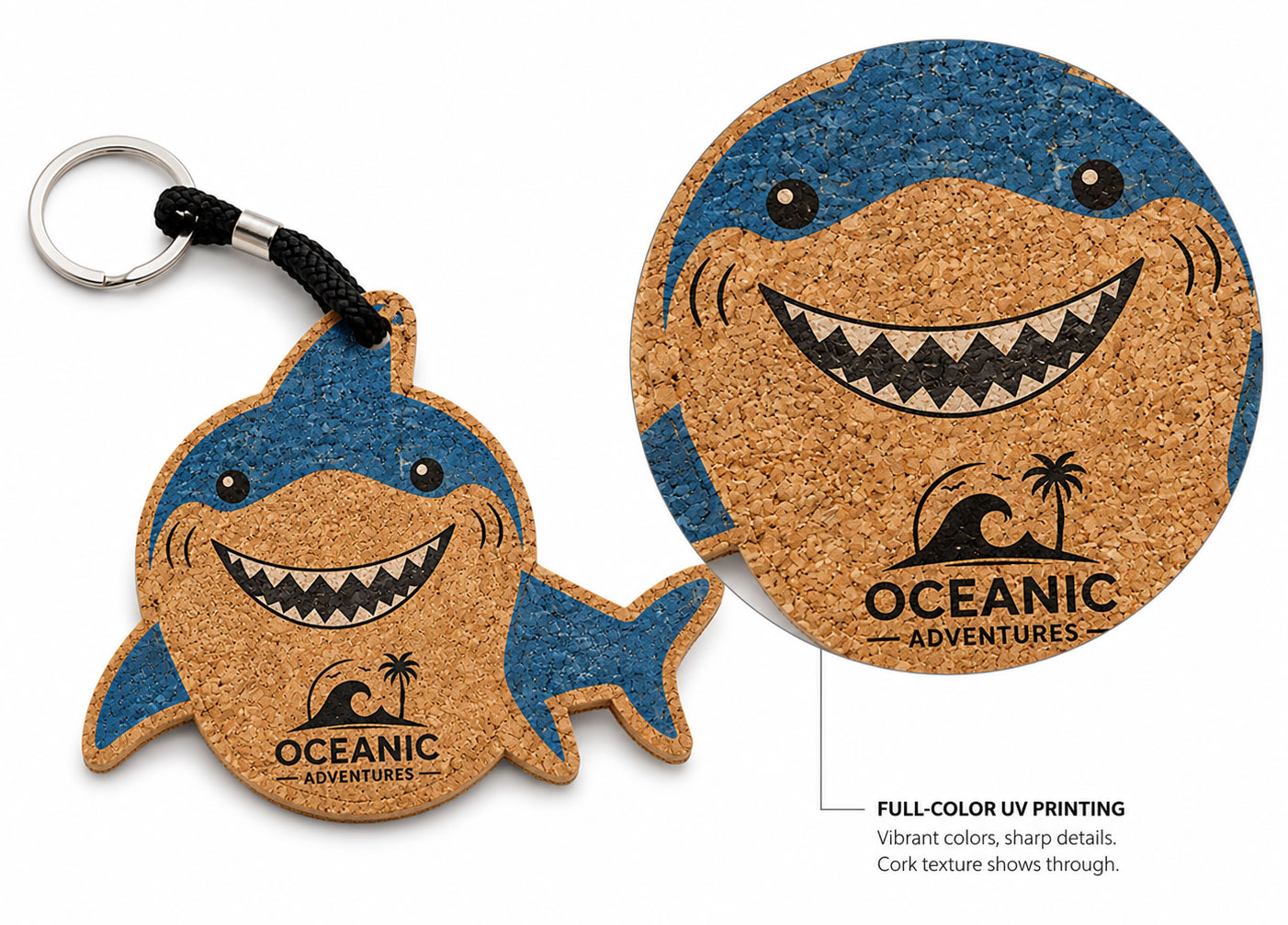 Full-color UV printed cork floating keychain with custom logo