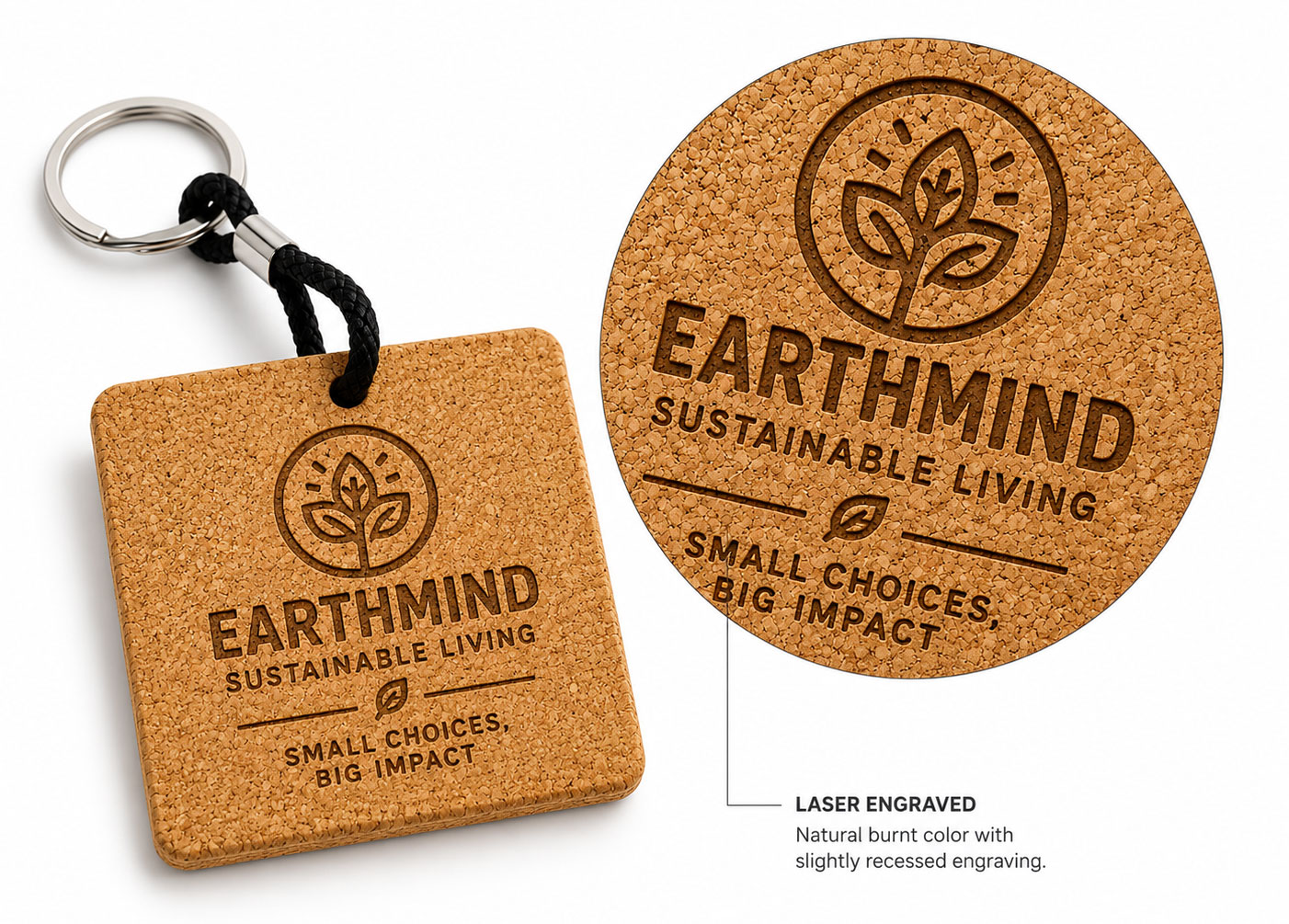 Close-up of laser engraved logo on a custom cork floating keychain