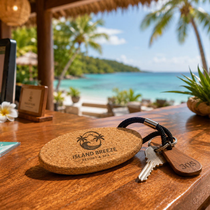 Cork floating keychain displayed at a tropical beach resort.