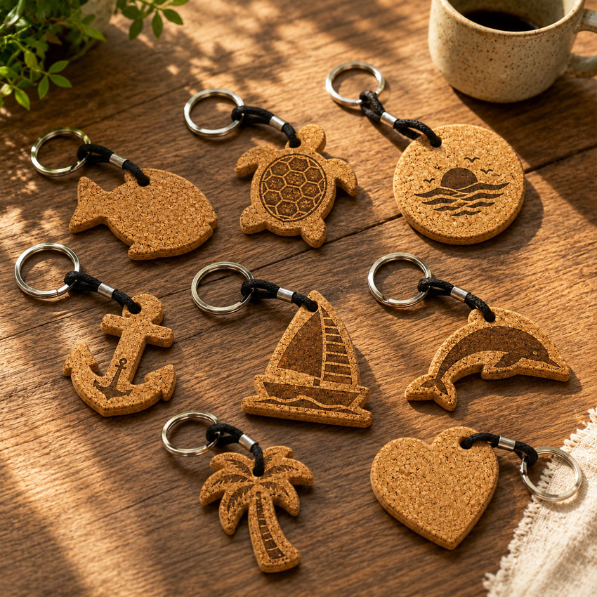 Assorted die-cut cork floating keychains in marine-themed shapes.