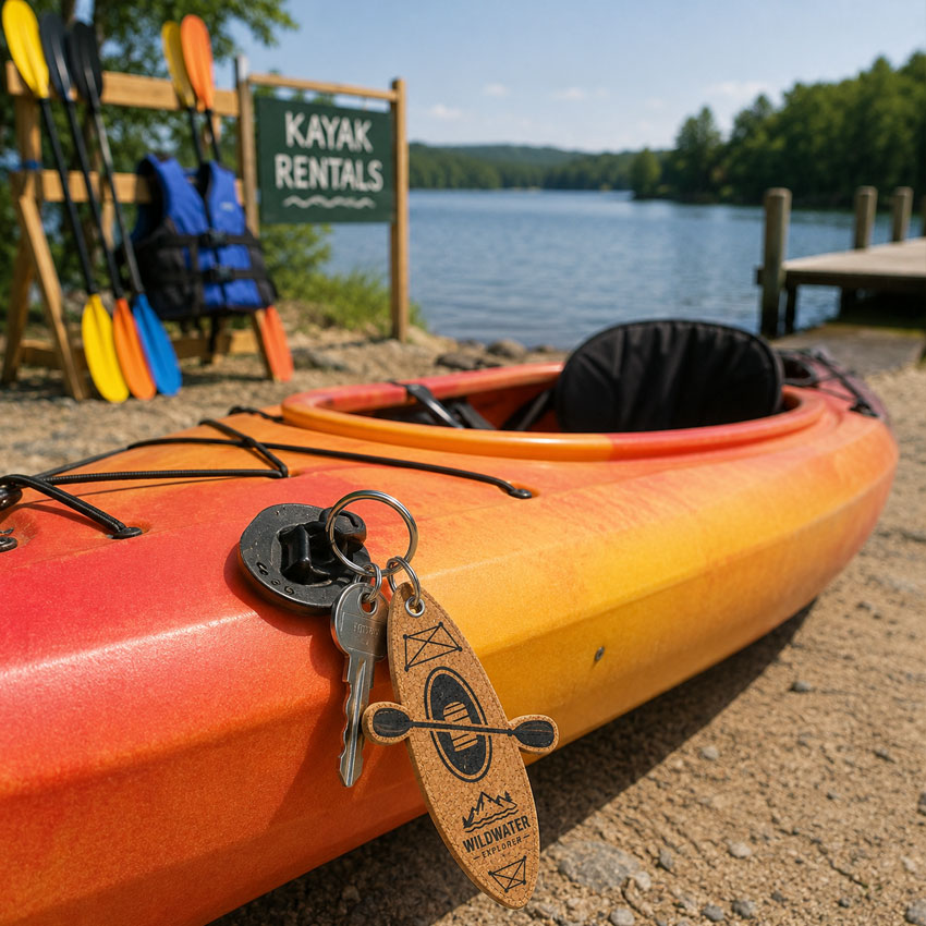 Cork floating keychain used for kayak rental and outdoor water sports.