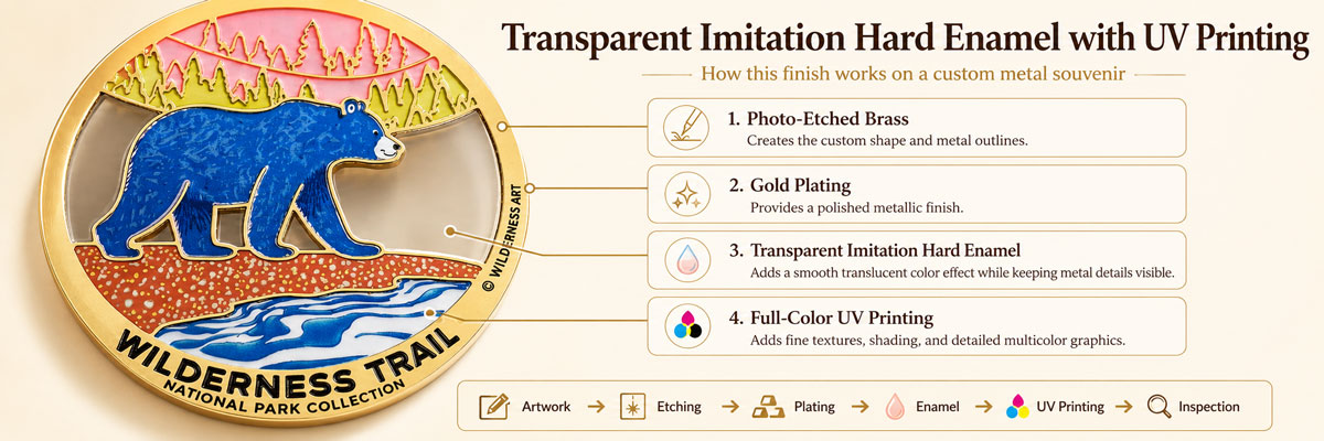 Infographic explaining how photo-etched brass, gold plating, transparent imitation hard enamel, and UV printing are combined to produce a detailed metal souvenir.