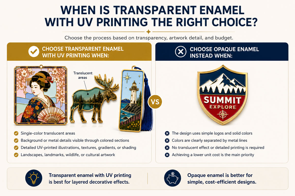 Comparison of transparent imitation hard enamel with UV printing and opaque enamel for complex illustrations, translucent effects, simple logos, and solid-color designs.