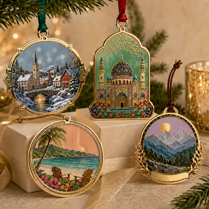 Decorative metal hanging ornaments with translucent enamel skies, detailed landmarks, cultural architecture, landscapes, and full-color printed artwork.