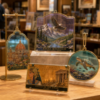 Tourist and museum metal souvenirs featuring landmarks, wildlife, heritage artwork, and translucent colored backgrounds displayed in a gift shop.