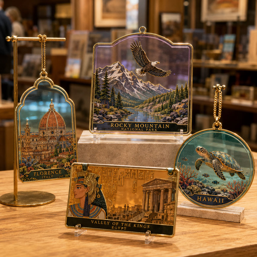 Tourist and museum metal souvenirs featuring landmarks, wildlife, heritage artwork, and translucent colored backgrounds displayed in a gift shop.