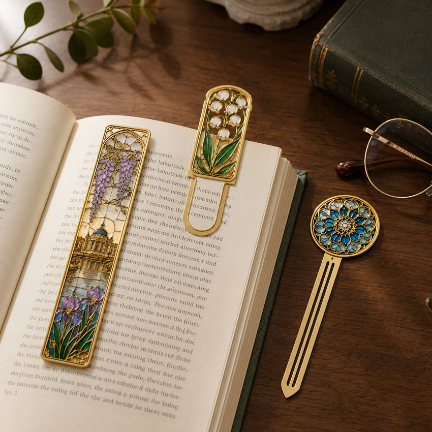 Decorative metal bookmarks with botanical, architectural, and stained-glass-inspired designs arranged on an open book and wooden reading table.