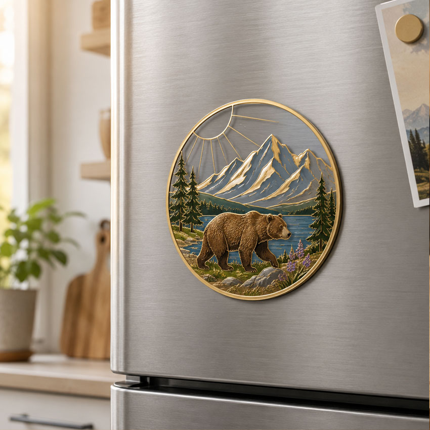 Custom wildlife refrigerator magnet with a gold metal frame, translucent background, mountain scenery, and detailed UV-printed artwork on a stainless steel fridge.