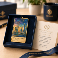 Limited-edition anniversary metal keepsake presented in a premium gift box with translucent enamel, UV-printed city artwork, and commemorative packaging.