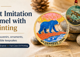 Custom metal souvenirs made with transparent imitation hard enamel and full-color UV printing, including ornaments, bookmarks, magnets, and collectible keepsakes.