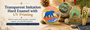Custom metal souvenirs made with transparent imitation hard enamel and full-color UV printing, including ornaments, bookmarks, magnets, and collectible keepsakes.