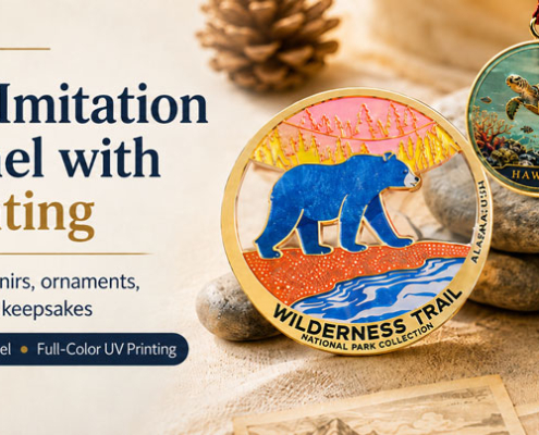 Custom metal souvenirs made with transparent imitation hard enamel and full-color UV printing, including ornaments, bookmarks, magnets, and collectible keepsakes.