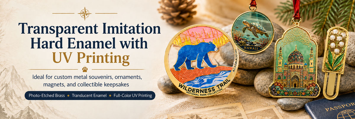 Custom metal souvenirs made with transparent imitation hard enamel and full-color UV printing, including ornaments, bookmarks, magnets, and collectible keepsakes.