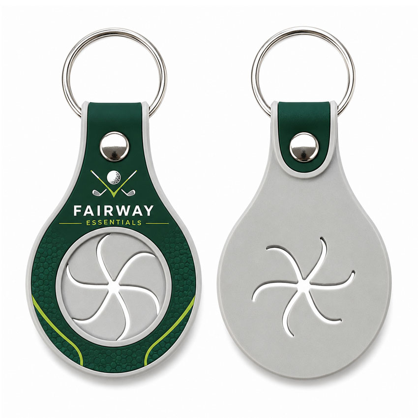 Round custom sports towel holder with swirl grip opening, split ring attachment, and front and back product views.