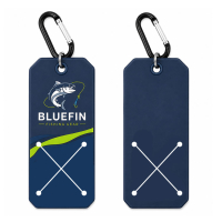 Rectangular custom PVC sports towel holder with printed fishing logo, X-shaped grip opening, and carabiner attachment shown from both sides.