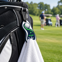 Custom golf towel holder attached to a golf bag, securely holding a microfiber towel during play on the golf course.