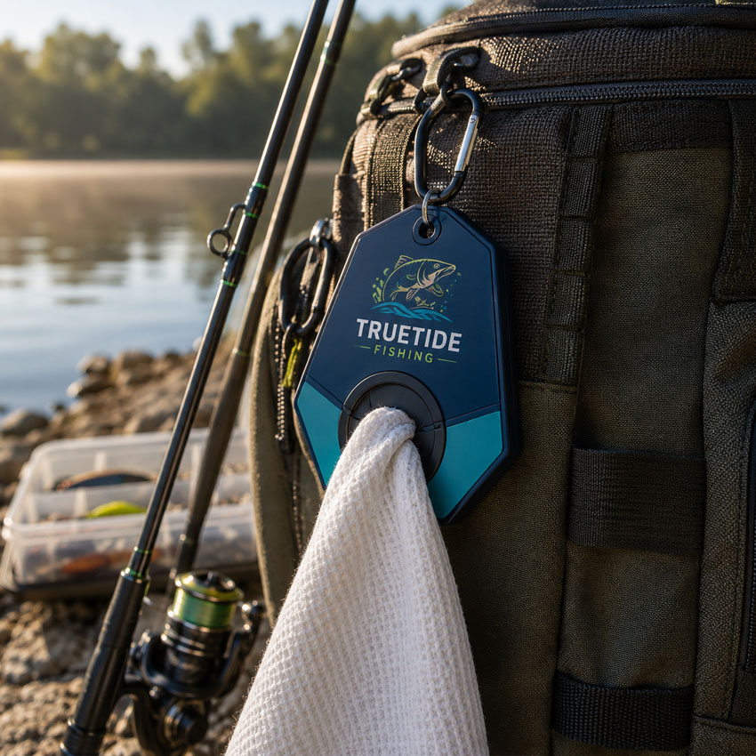 Custom fishing towel holder clipped onto a tackle bag, holding a microfiber towel for convenient outdoor use.