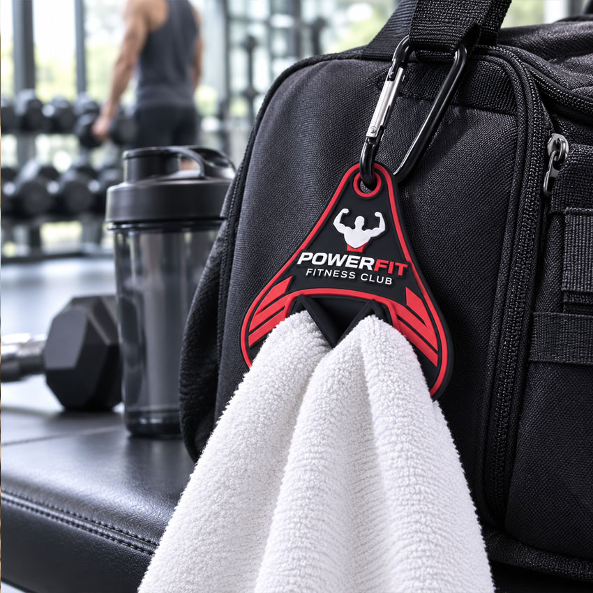 Custom promotional towel holder attached to a gym bag, keeping a workout towel easily accessible for fitness activities.