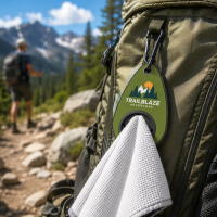Outdoor sports towel holder attached to a hiking backpack with a microfiber towel for trekking and camping adventures.