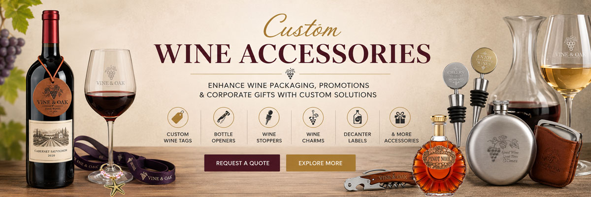 Custom wine accessories featuring embroidered wine stem tags for branded merchandise