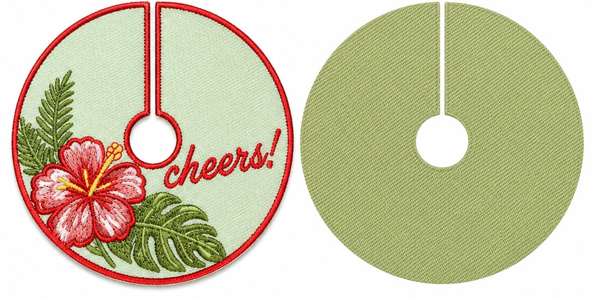 Front and back views of a no-button embroidered wine stem tag