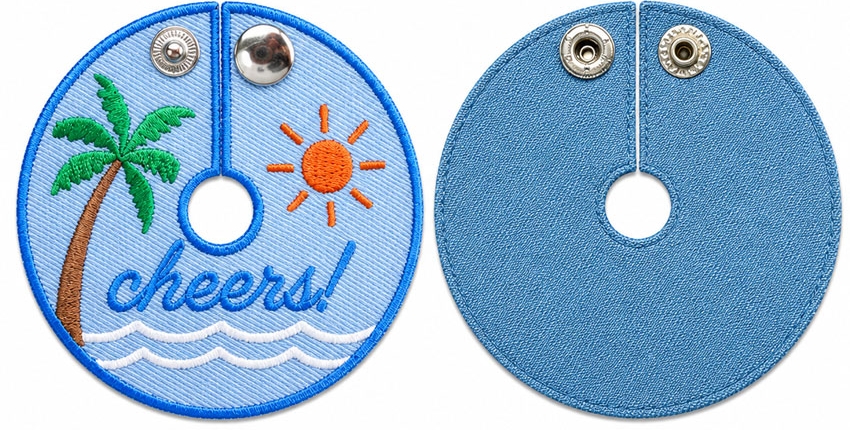 Blue embroidered wine stem tag with nickel metal button closure shown from front and back