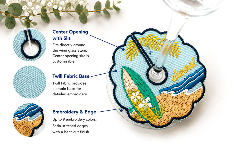 Custom embroidered wine stem tag showing twill fabric, center slit opening and embroidered edge