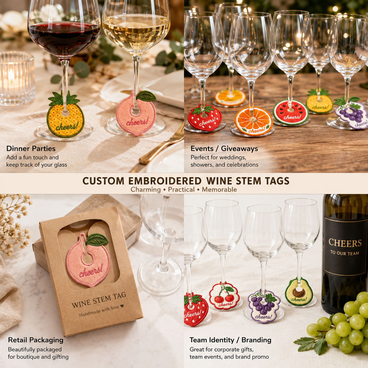 Custom embroidered wine stem tags used to identify glasses at a wine event
