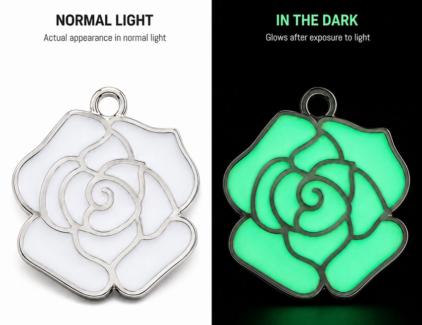 Glow-in-the-Dark Rose Enamel Pin Day and Night Rose-shaped enamel pin compared in normal light and darkness, with petals glowing bright green.