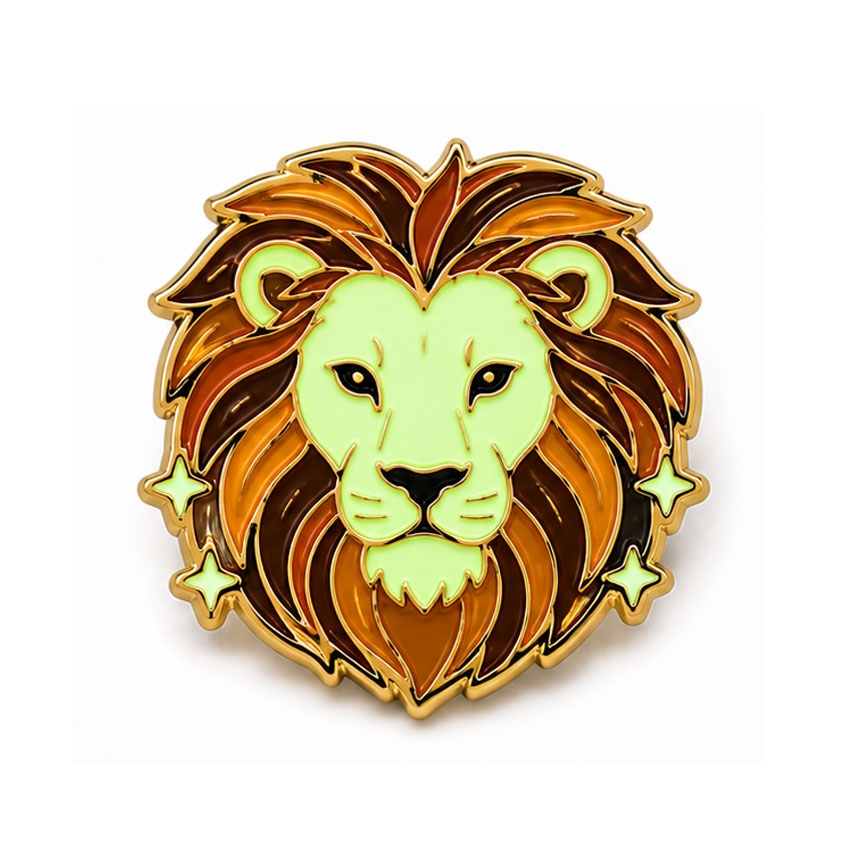 Glow Enamel Lion Lapel Pin with Luminous Details Custom lion enamel pin with gold metal lines, brown mane, and luminous green face and stars.