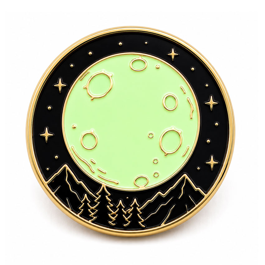 Glow-in-the-Dark Full Moon Enamel Pin Design Round enamel lapel pin with large luminous moon, black night sky, mountains, and pine trees.