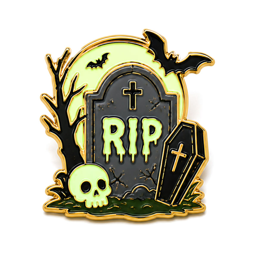 Custom Glow-in-the-Dark RIP Halloween Pin Halloween enamel pin with RIP gravestone, skull, coffin, bats, and luminous green details.