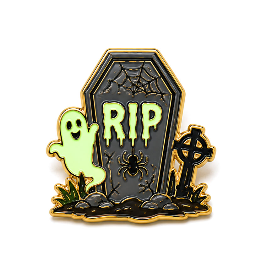 Luminous Ghost and Gravestone Enamel Pin Custom Halloween pin featuring a glowing ghost beside a dark RIP gravestone and spider web.