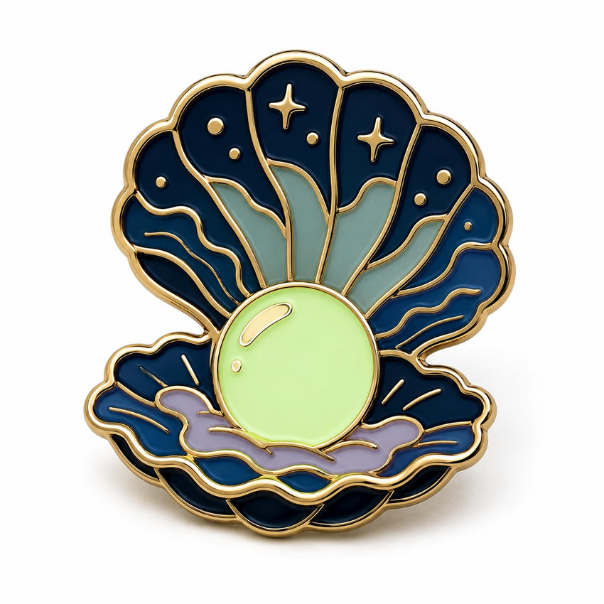 Luminous Pearl Shell Custom Enamel Lapel Pin Gold enamel shell pin with dark blue sections and a large pale green luminous pearl centerpiece.
